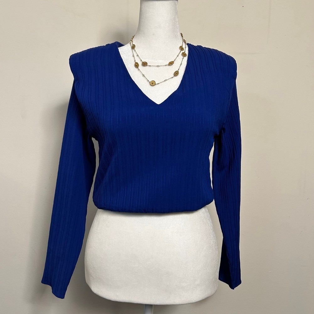 Vero Moda Electric Blue Crinkle Ribbed Long Sleeve‎ Top XS V-Neck Stretch Blouse